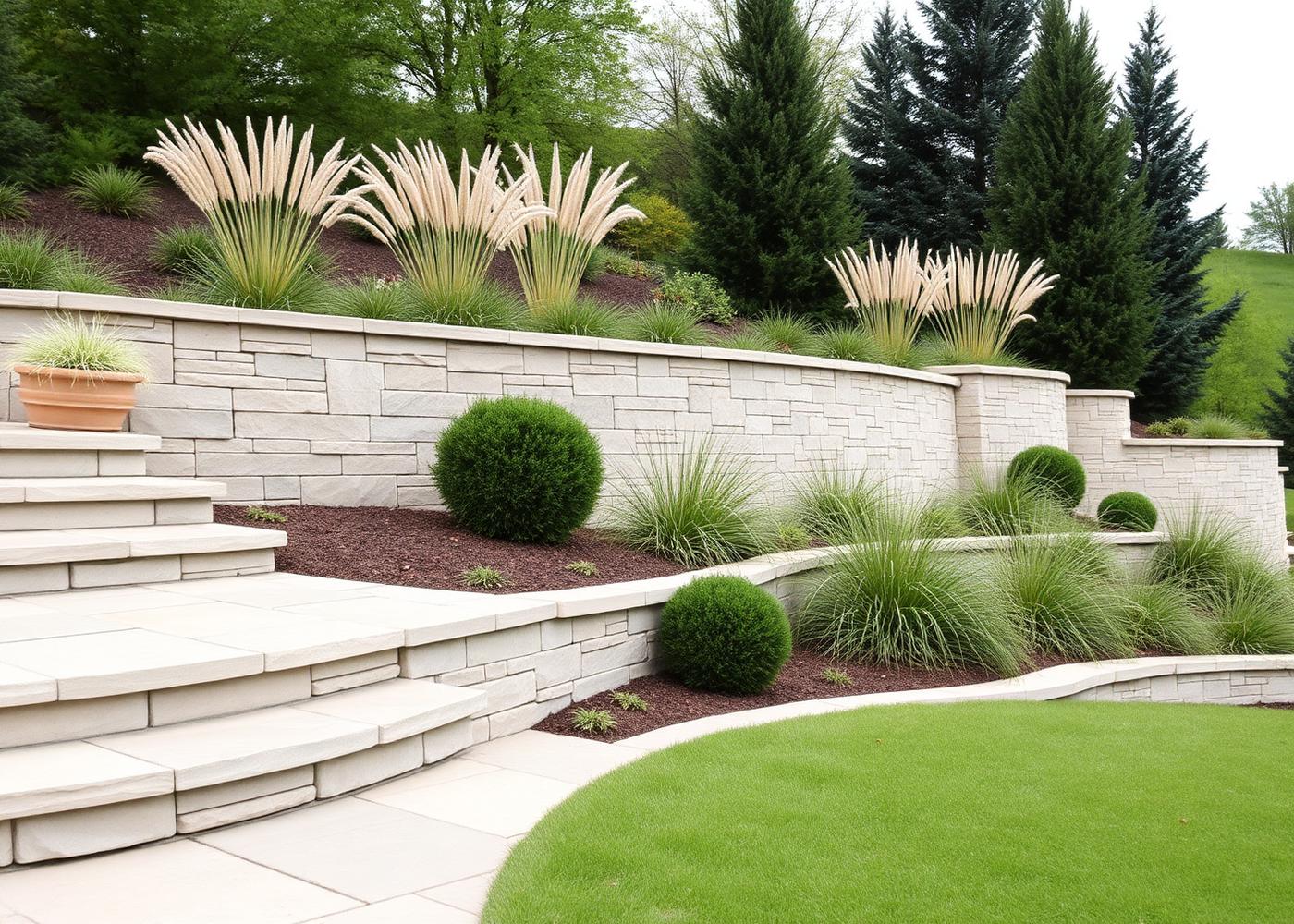 Neu gestaltete Gartenanlage mit Natursteinmauer und Ziergräsern